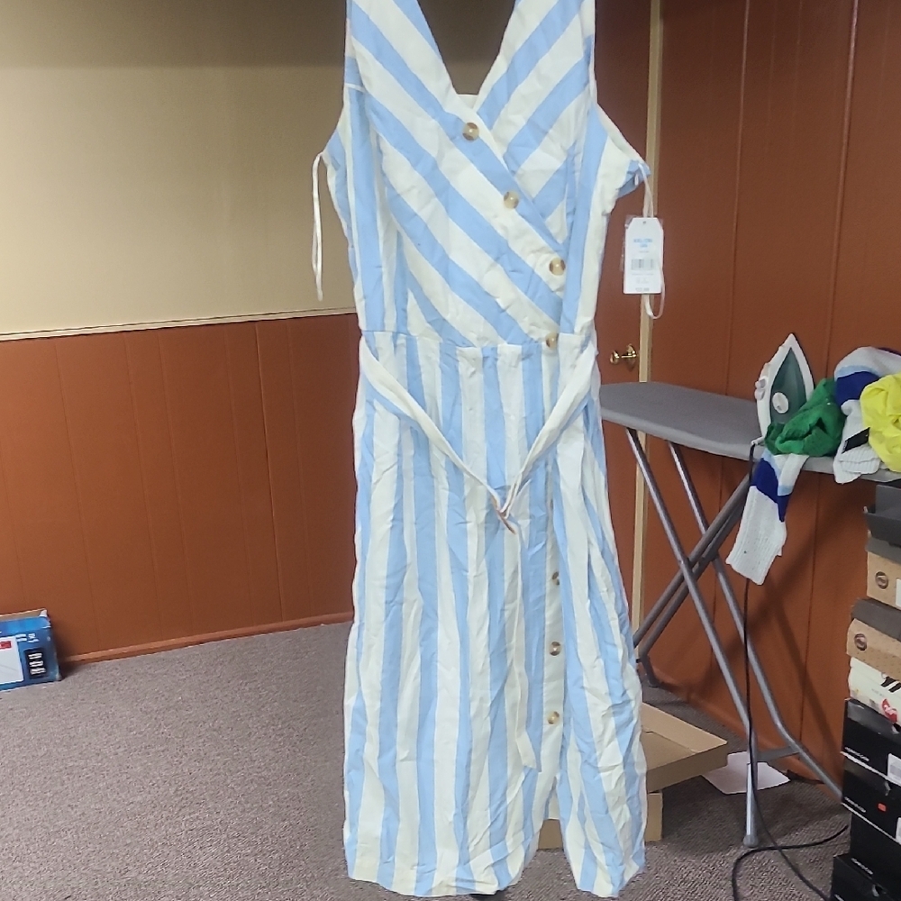 Blue and White Striped Sleeveless Dress